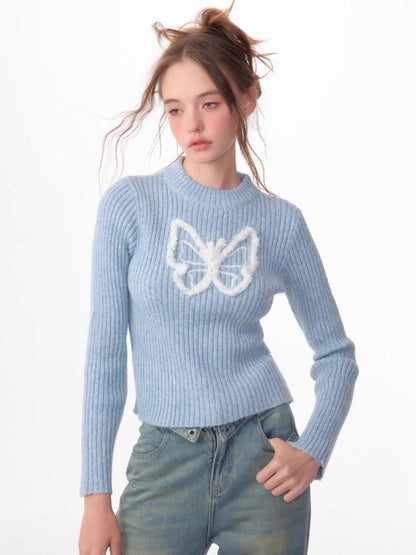 Butterfly Embroidery Long Sleeve Sweater