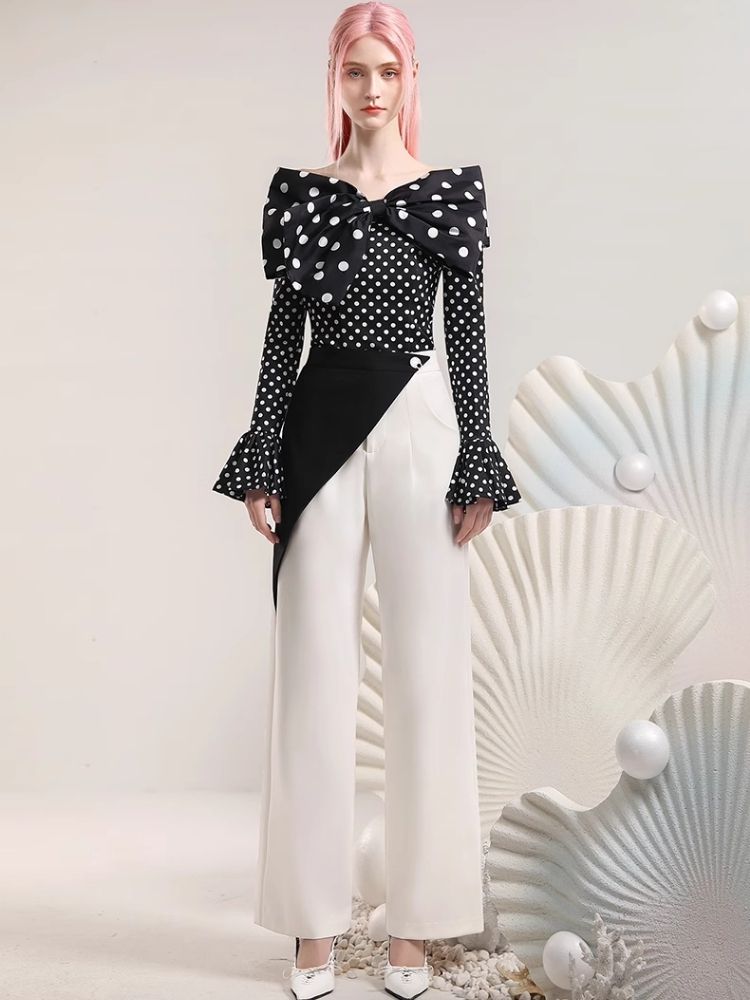 Polka Dot Top Irregular Color Blocking Wide Leg Pants Set