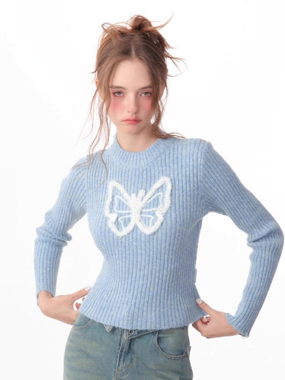 Butterfly Embroidery Long Sleeve Sweater