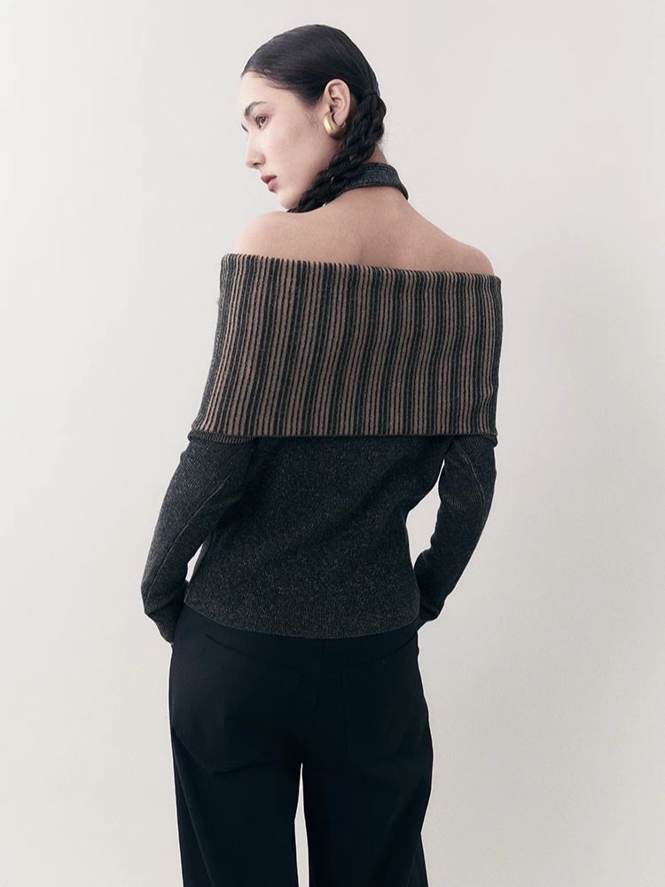 One-shoulder lapel knit sweater