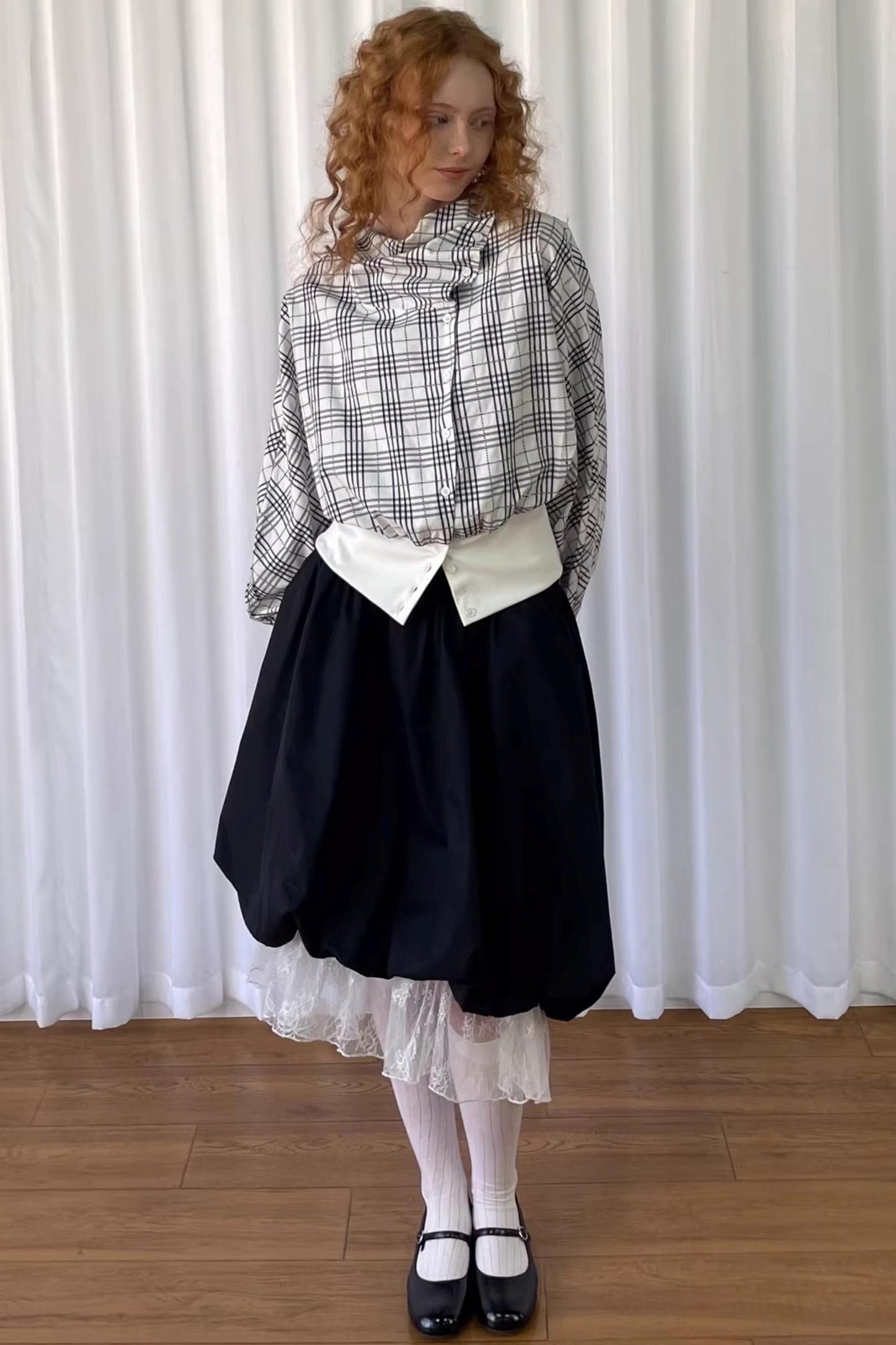 Checkered Pleated Collar Shirt