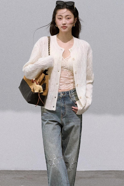 Gentle White Mohair Knit Cardigan