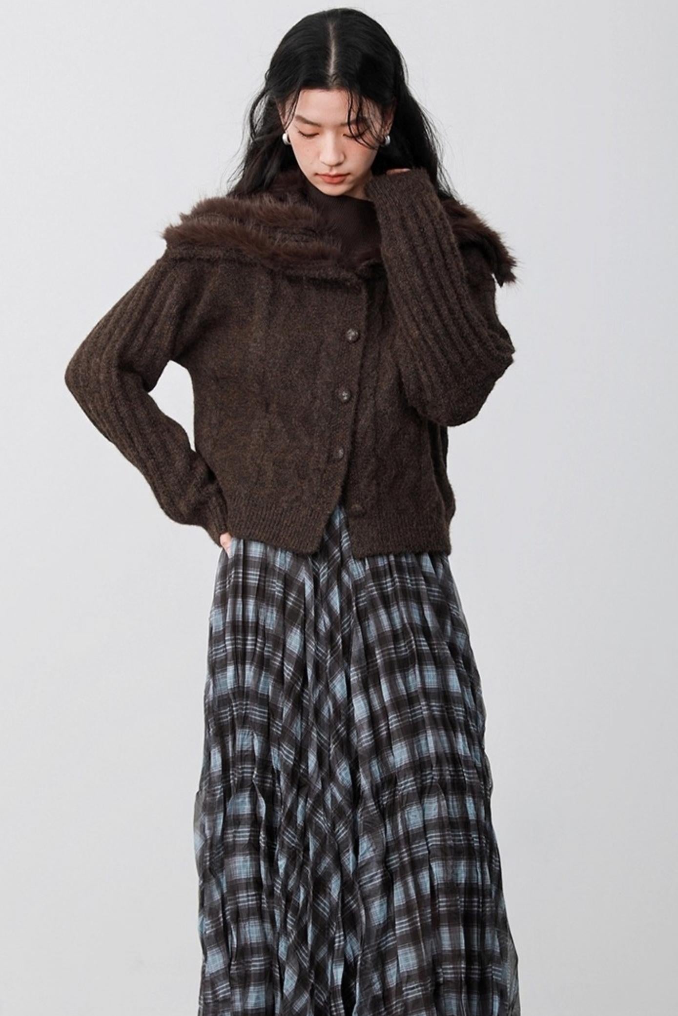 Caramel Brown Fur Collar Cardigan