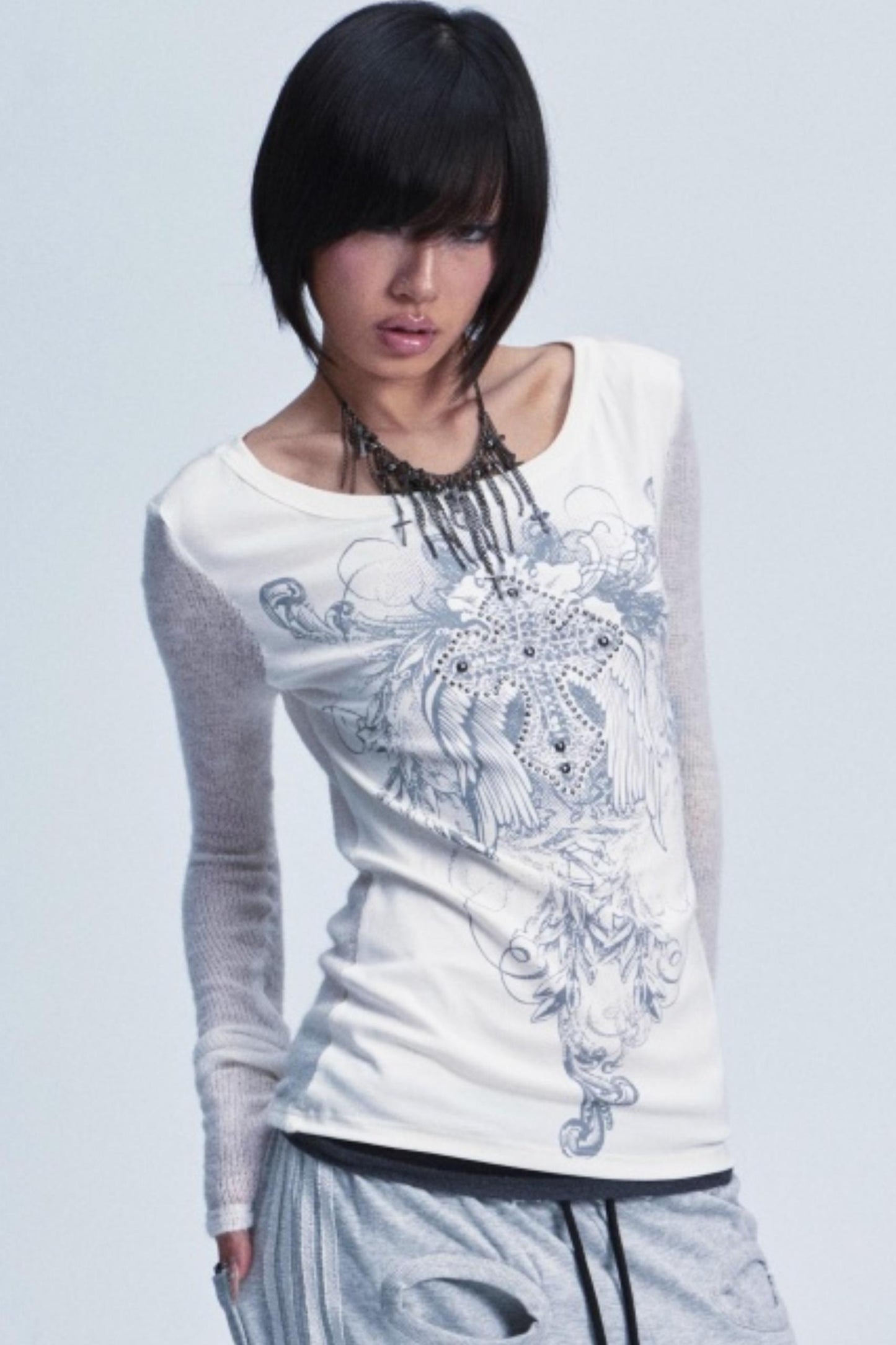 Two-Tone Cross Print Top