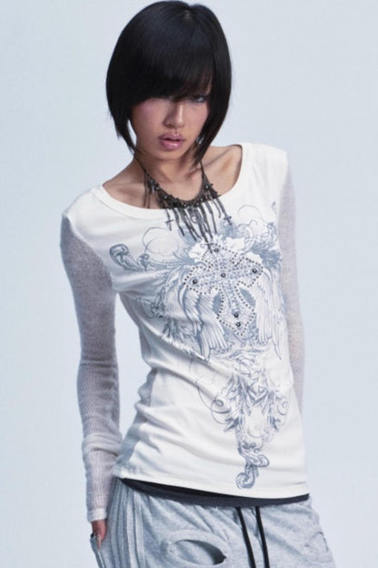 Two-Tone Cross Print Top