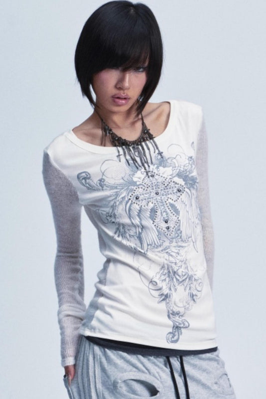 Two-Tone Cross Print Top