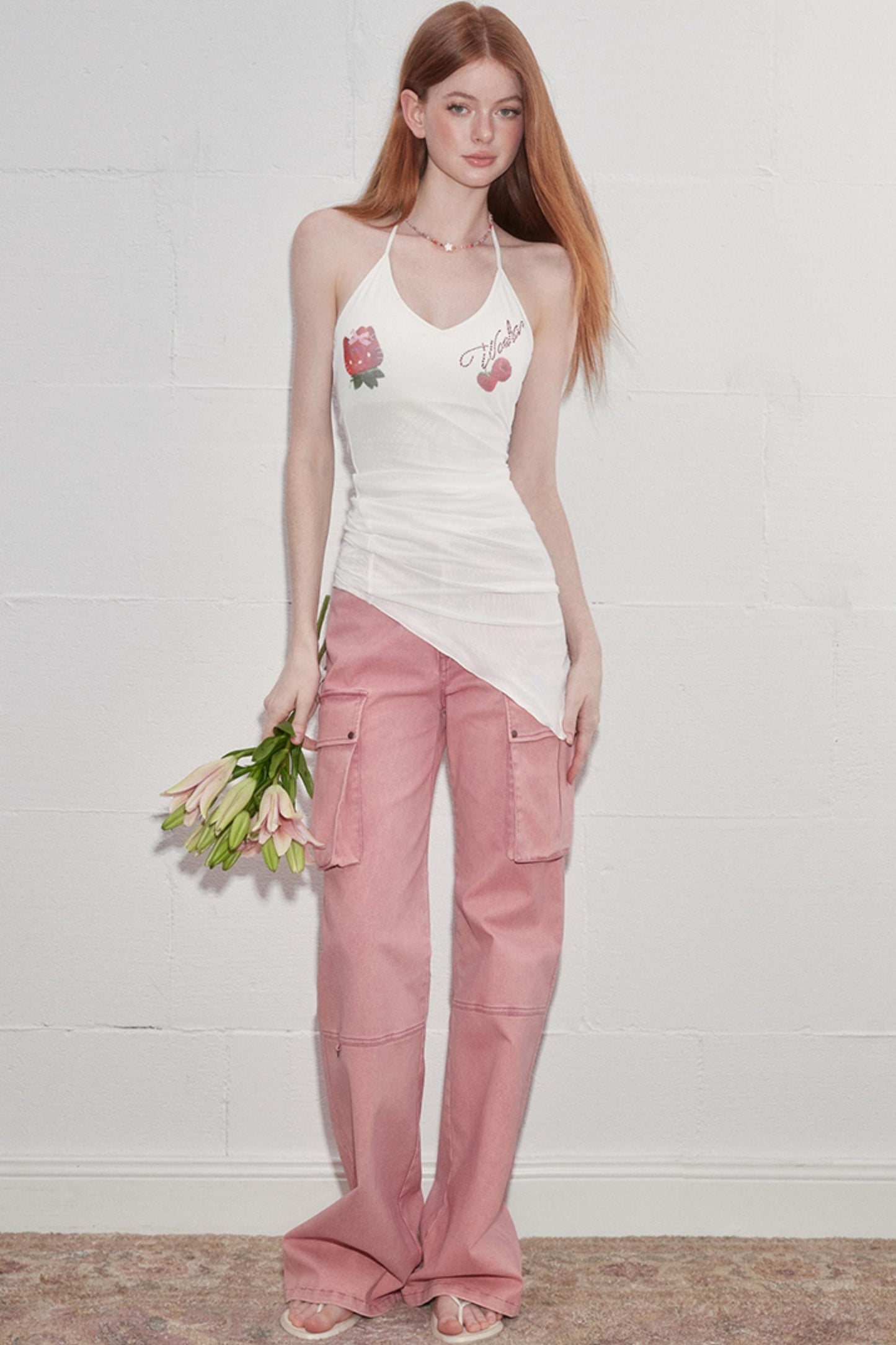 Padded Slim Strap Neck Print Top