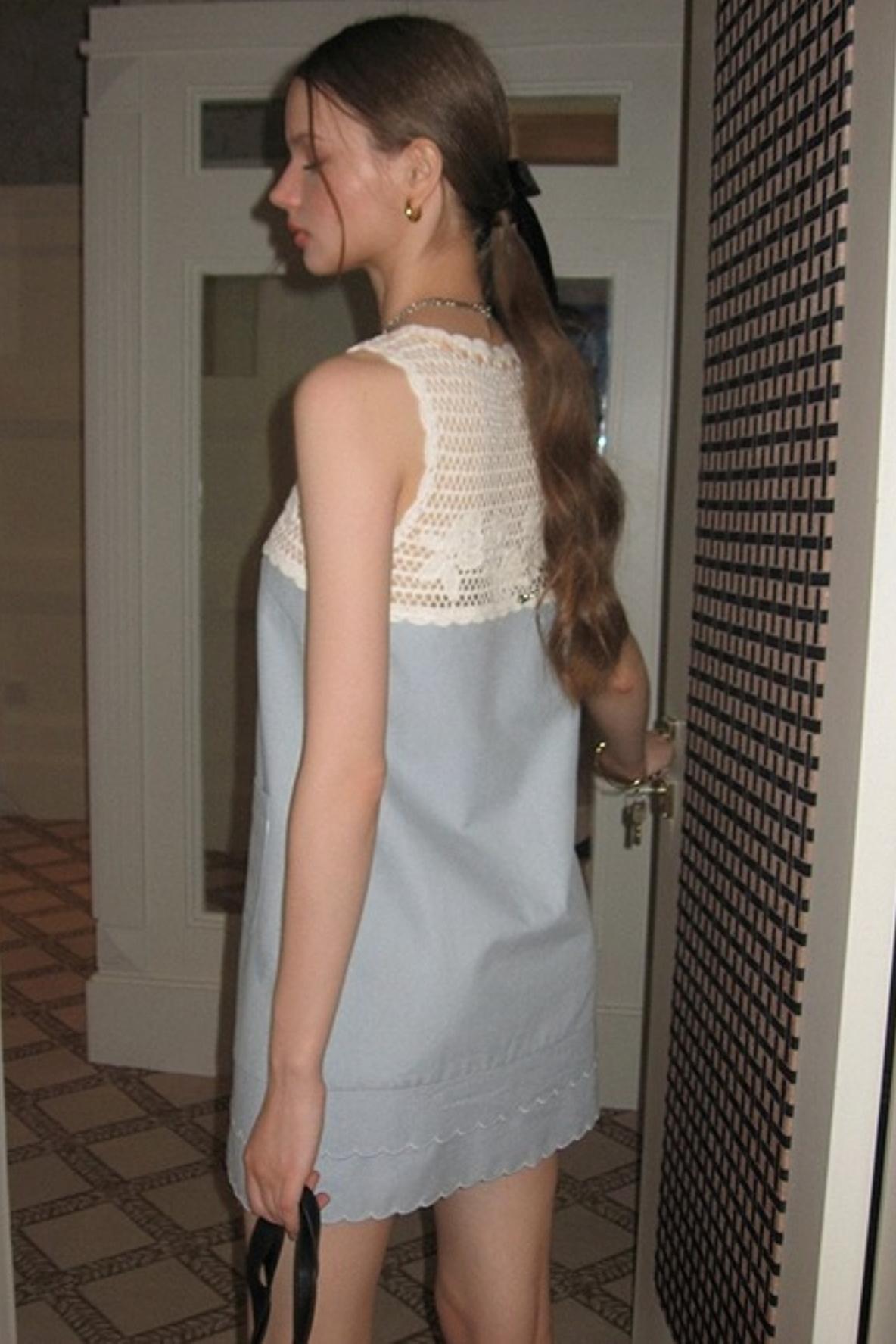 Blue Crochet Square Neck Dress