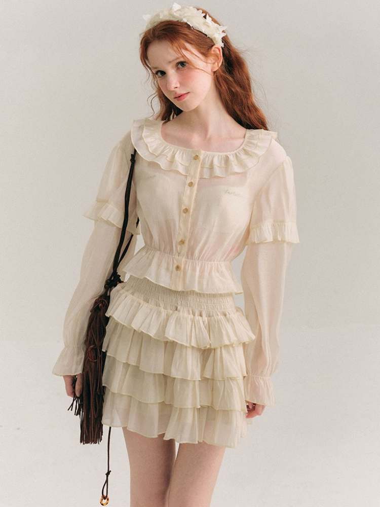 Ruffle Collar Shirt & Cake Mini Skirt