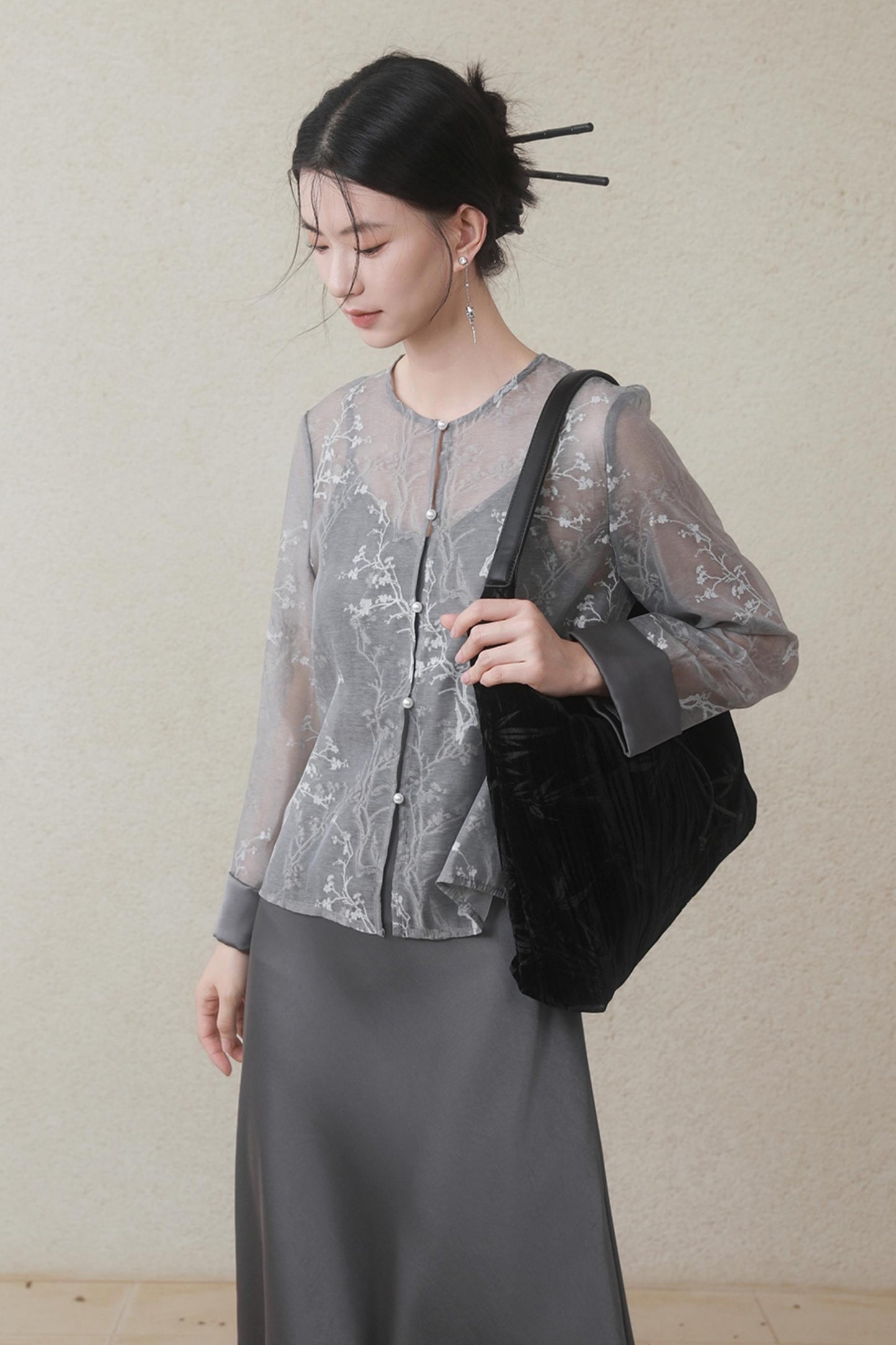 Plum Blossom Cardigan & Satin Dress Set