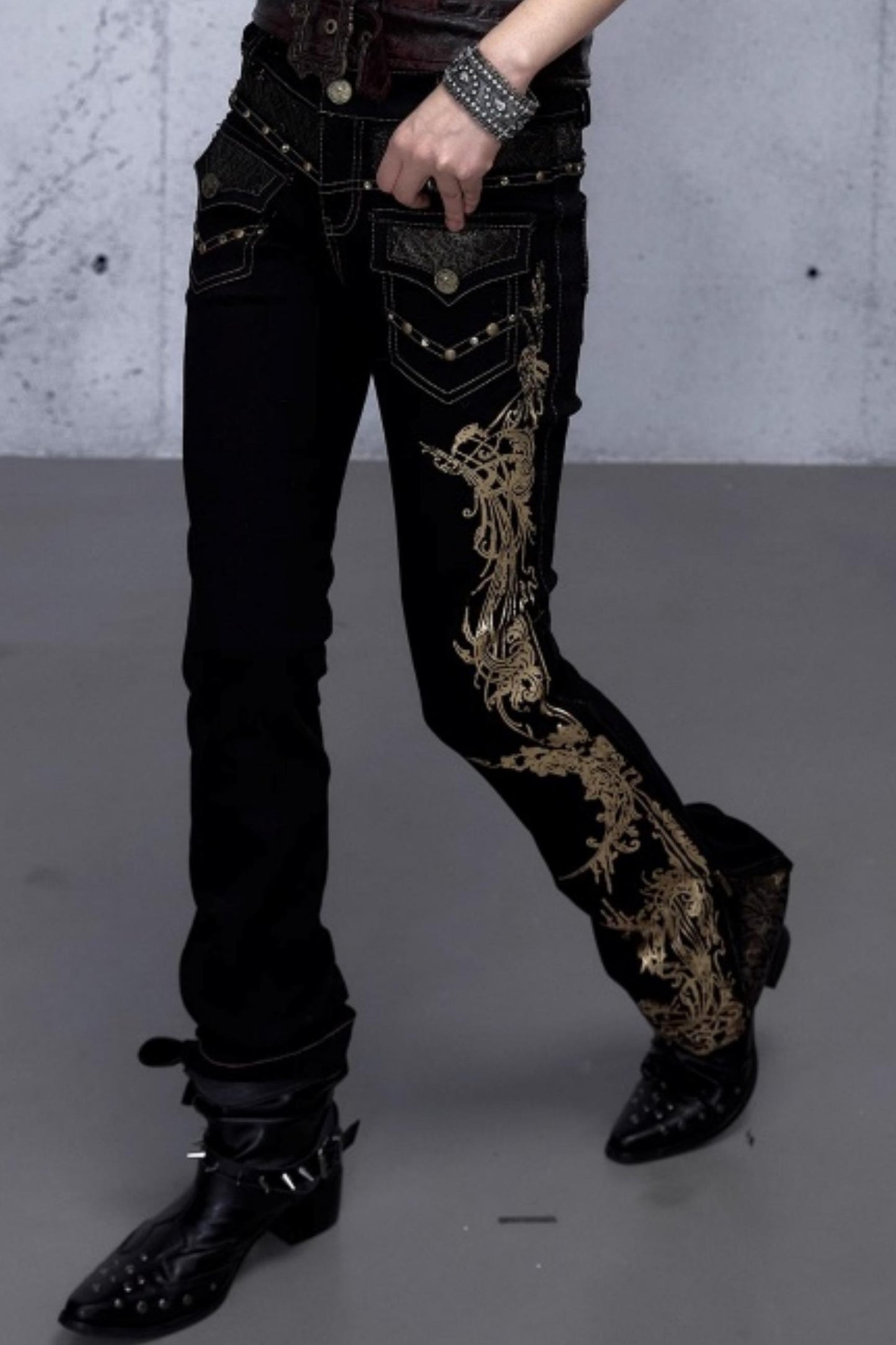 Retro Gold Foil Denim Pants