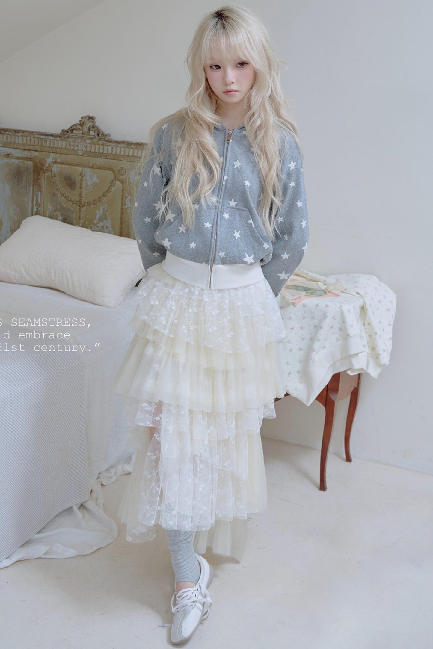 Beige Lace Patchwork Chiffon Skirt