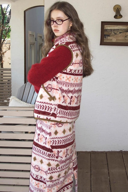 Berry Peach Retro Fleece Vest Jacket Skirt Set-Up