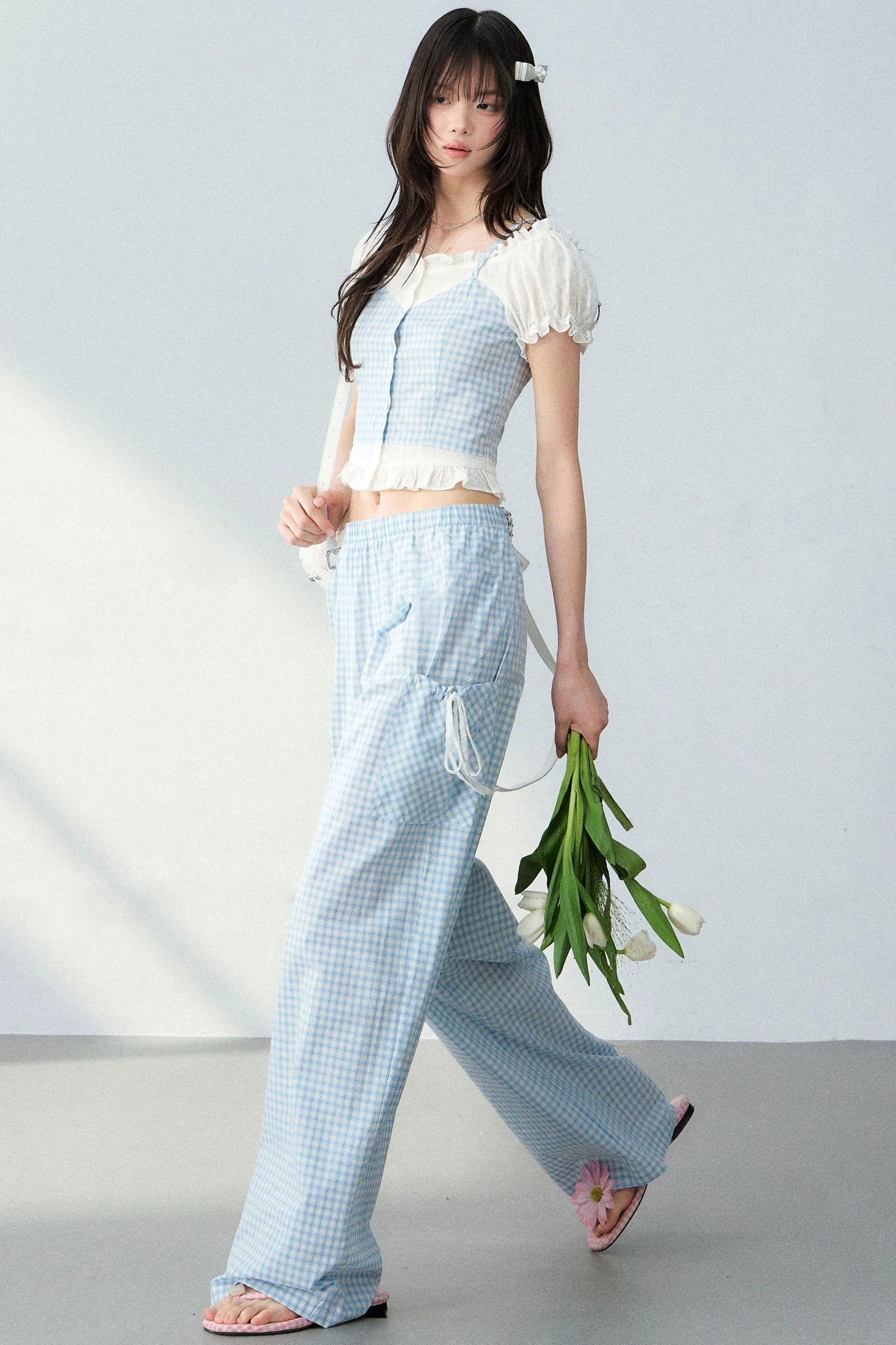 Blue Plaid Off-Shoulder Top Set-Up