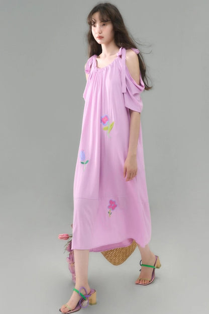 Sweet Peach Nectar Linen Embroidery Dress