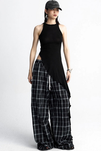 Summer Plaid Wide-Leg Pants