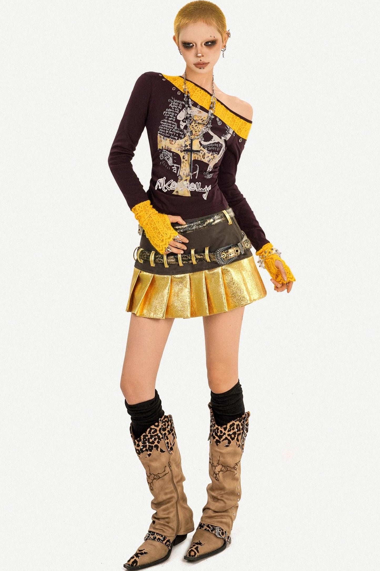 Gold Patchwork Pleated Skirt