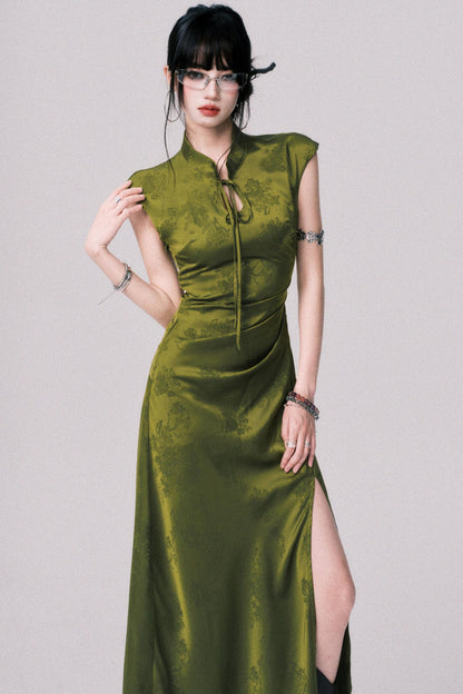 Vintage Moss Green Jacquard Cheongsam Dress