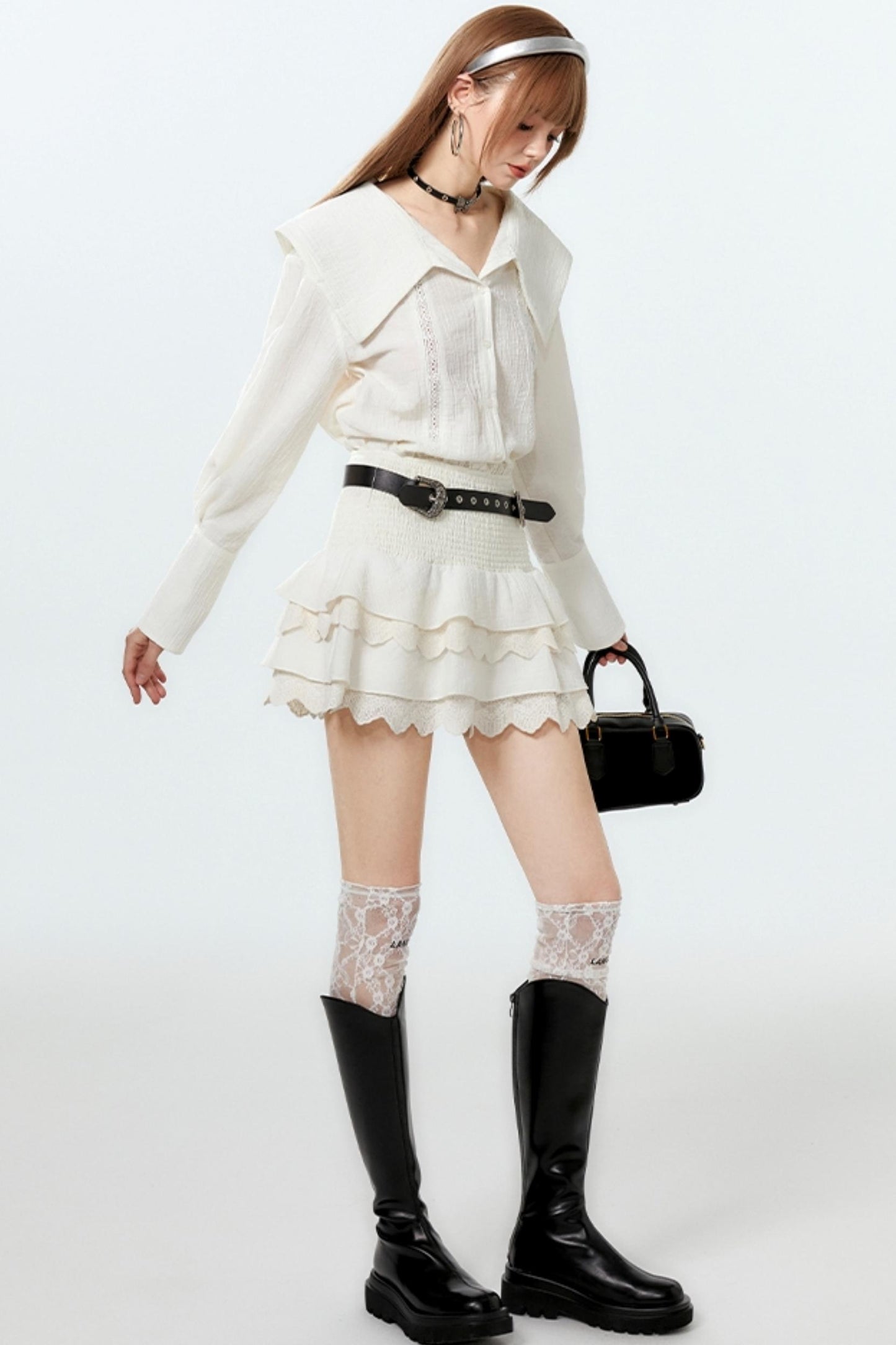 Sheer Lace Big-Collar Mint Blouse