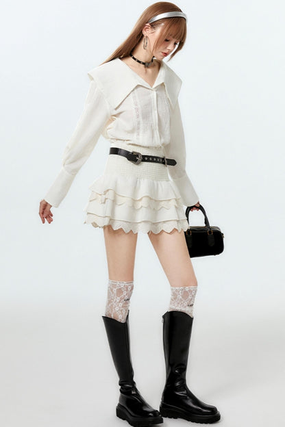 Sheer Lace Big-Collar Mint Blouse