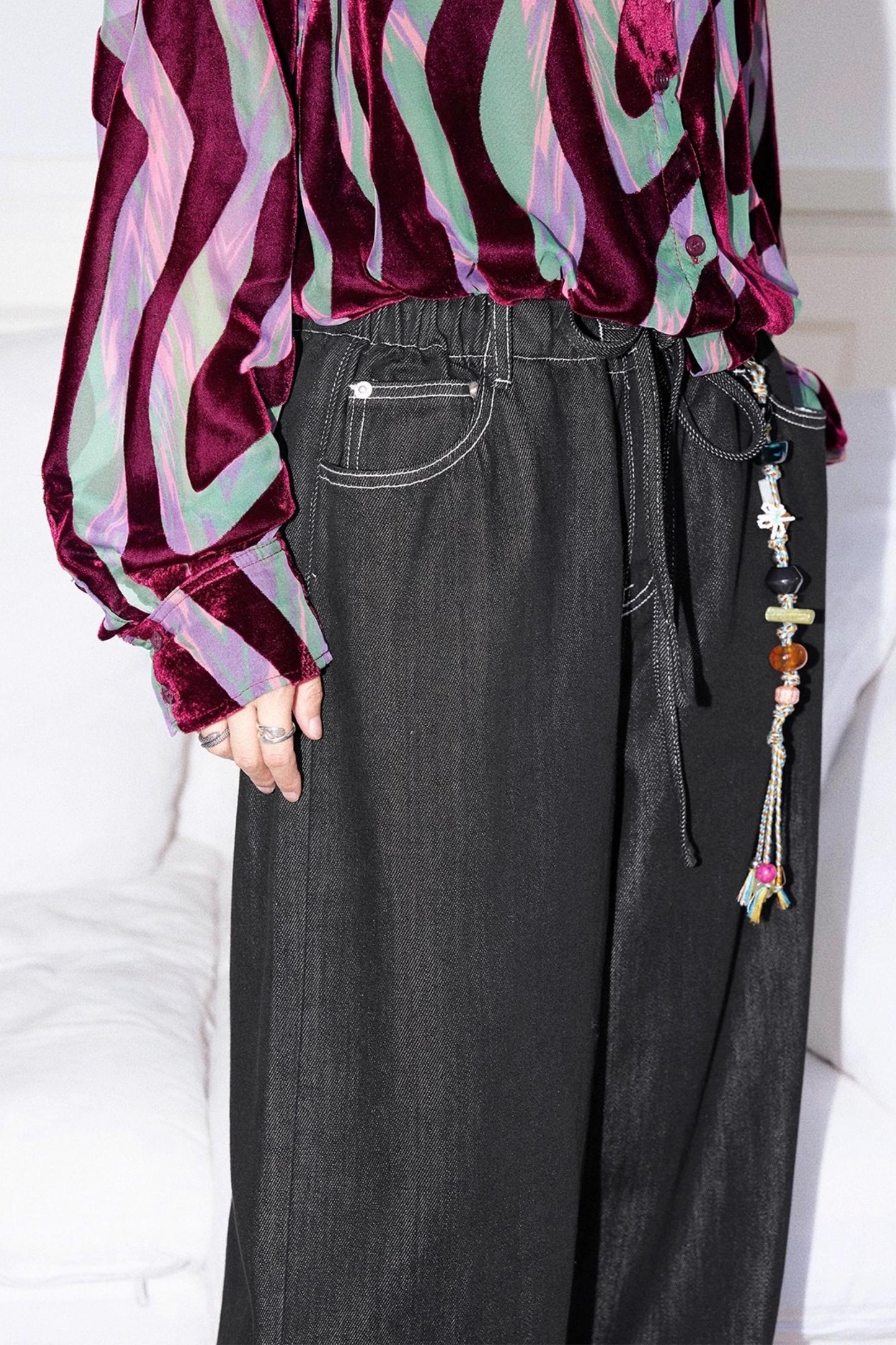 Black Washed Elastic Waist Wide-Leg Jeans