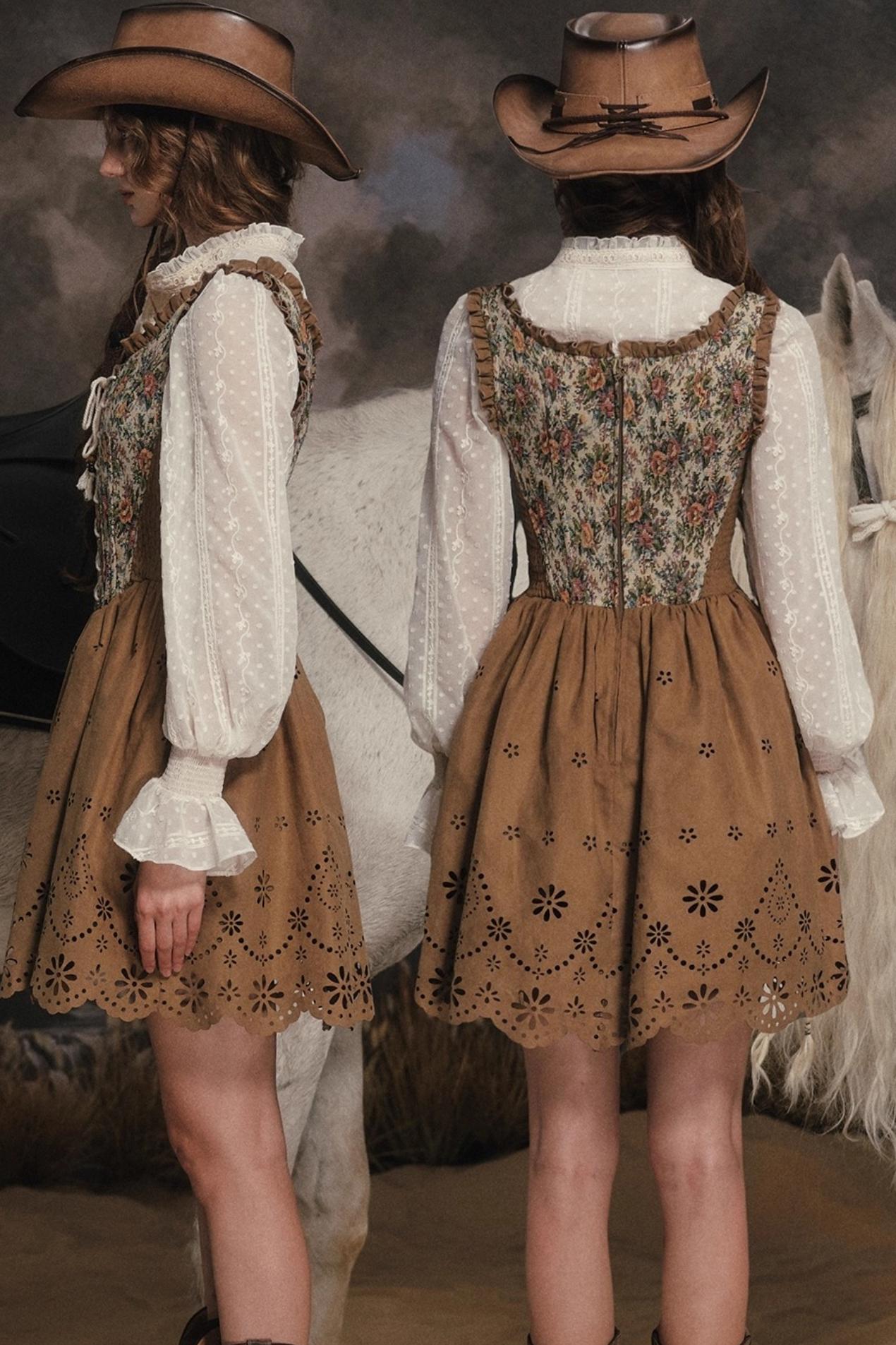 Vintage Country Print Suede Dress Set-Up