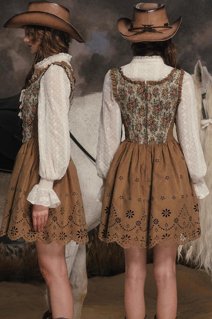 Vintage Country Print Suede Dress Set-Up