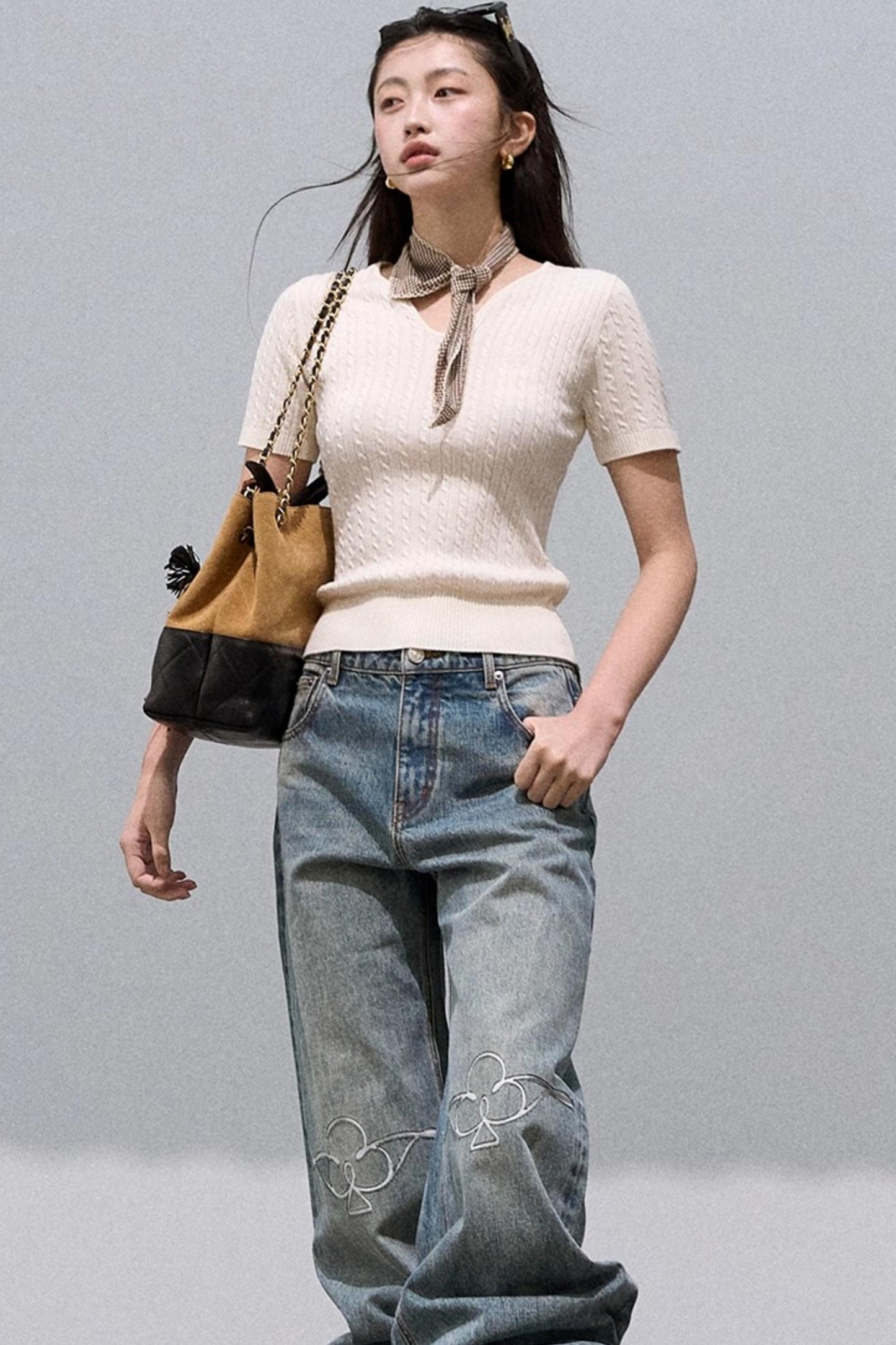 Laser-Cut Flower Vintage Wide-Leg Jeans