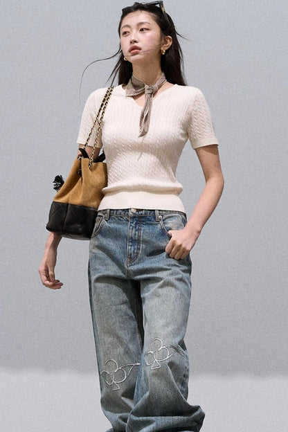 Laser-Cut Flower Vintage Wide-Leg Jeans