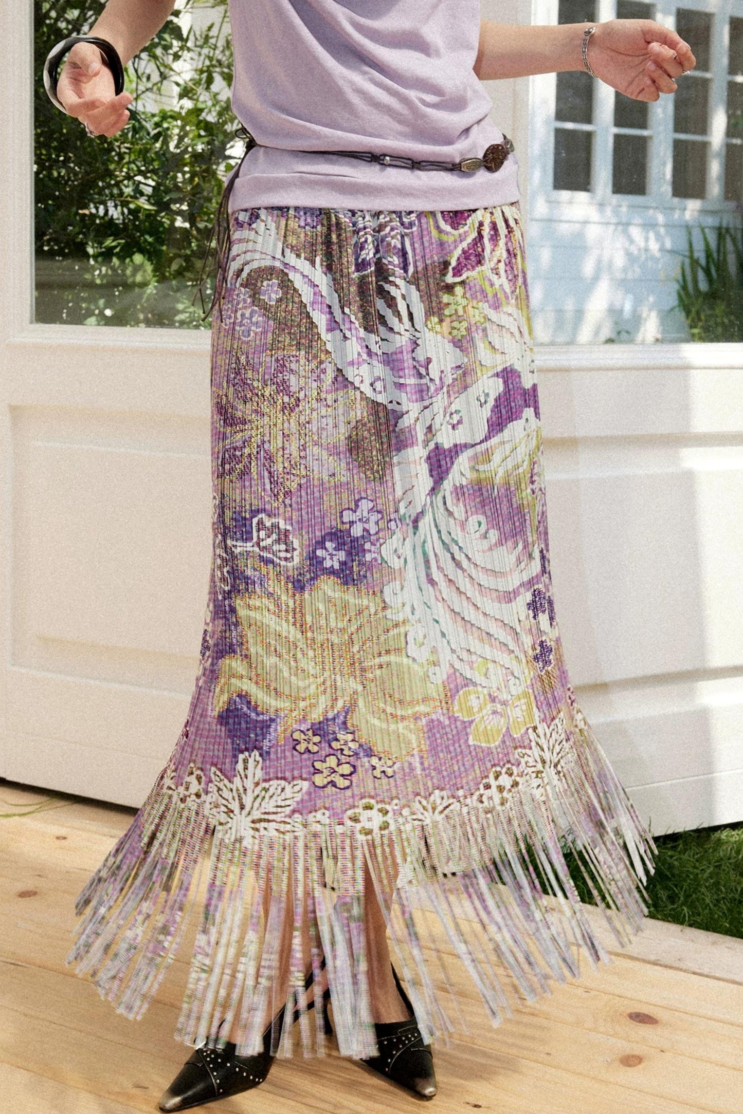 Pleated Satin Floral Skirt