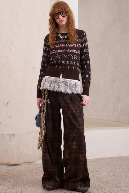 Textured Loose Plaid Trousers