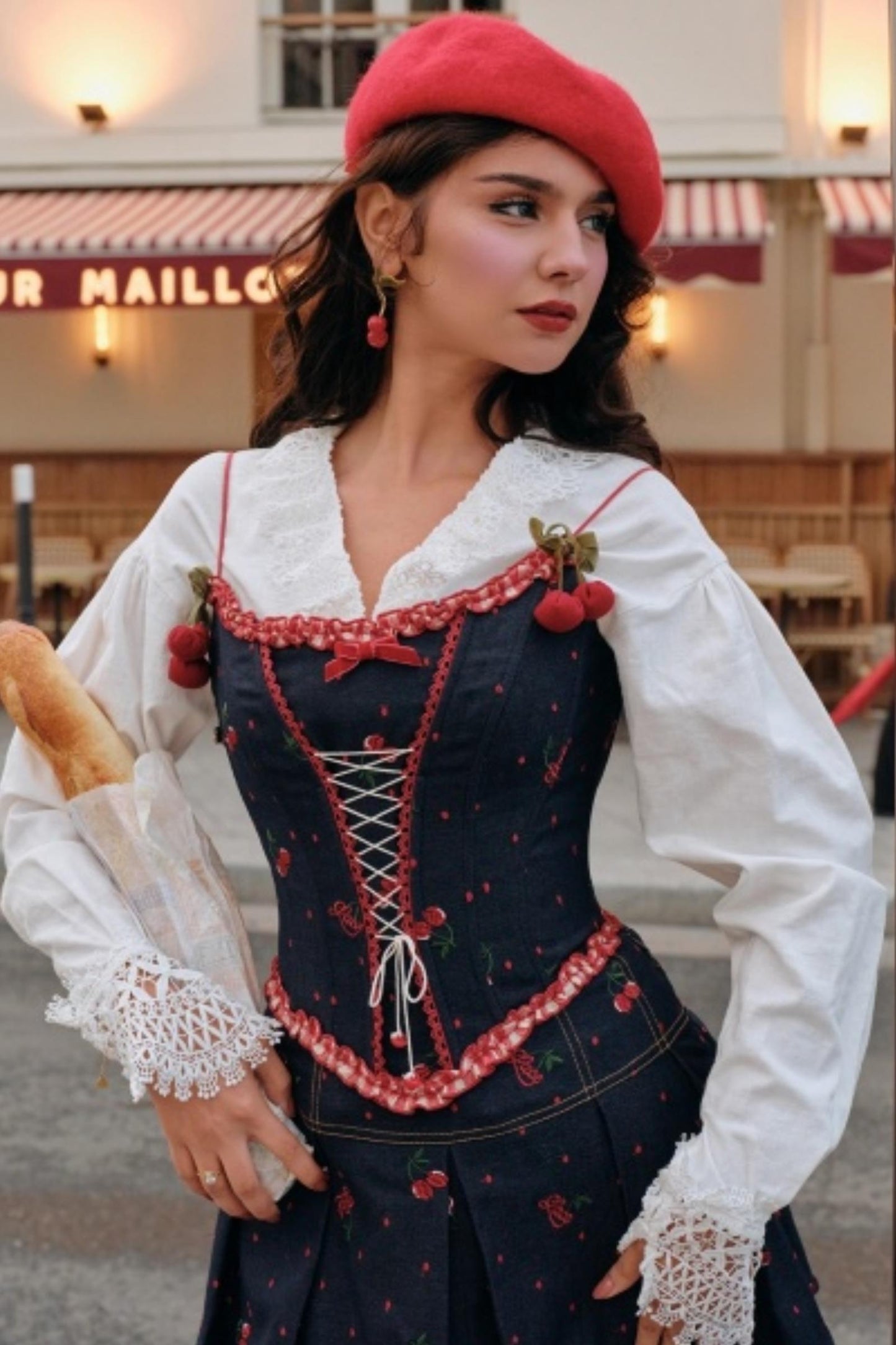 Cherry Embroidery Denim Skirt Set-Up