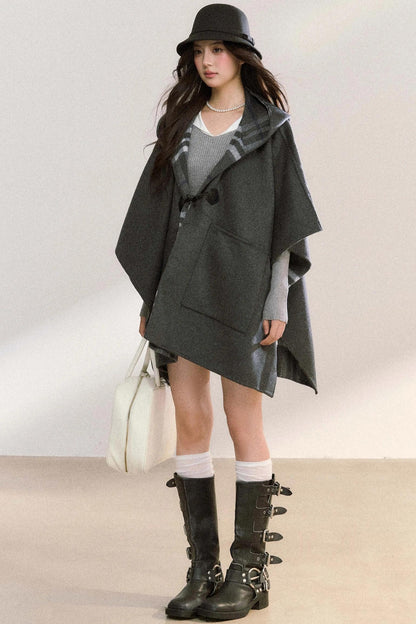 Gray Plaid Reversible Wool Cape Coat