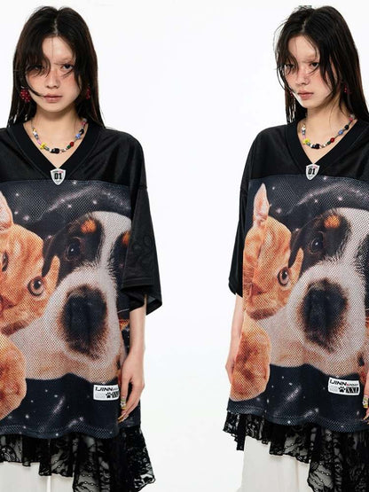 Dog & Cat Print Oversized V-Neck T-Shirt