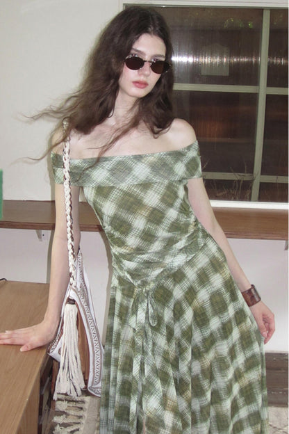 Mesh Check One-Shoulder Dress