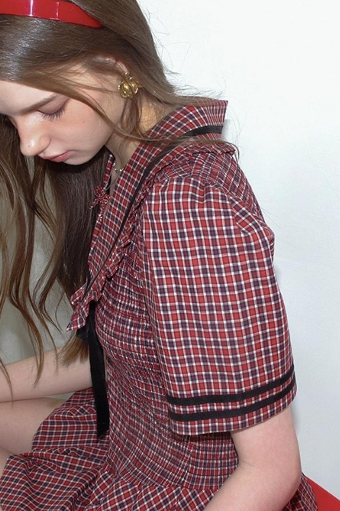 Plaid V-neck Bow Bubble A-Line Bud Dress