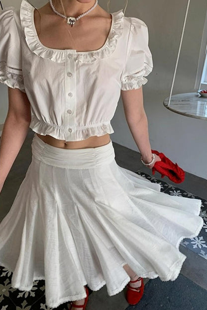 White Lace Square Collar Puff Sleeve Shirt