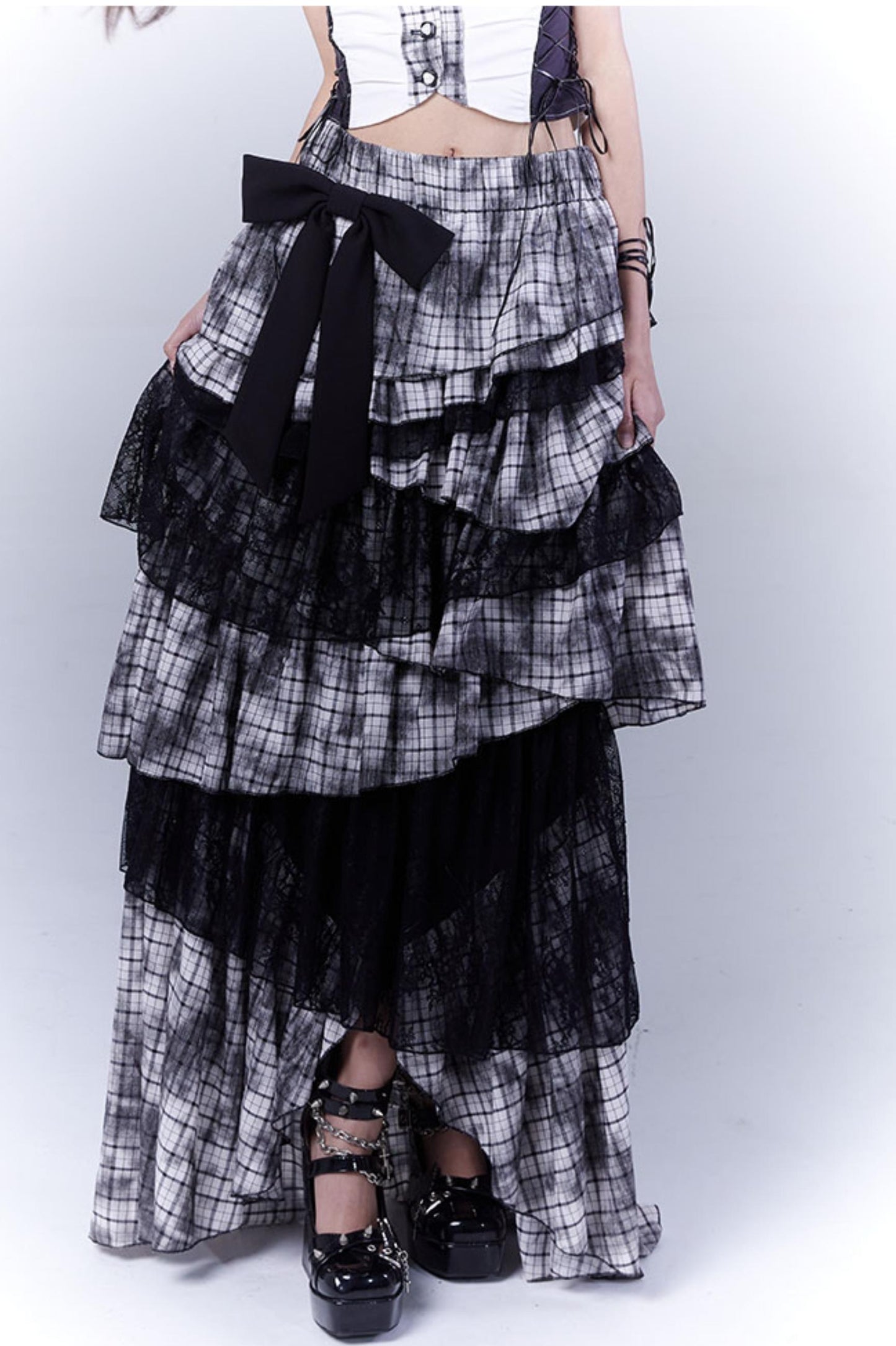 Wilderness Lace-Trimmed Plaid Bustier Skirt