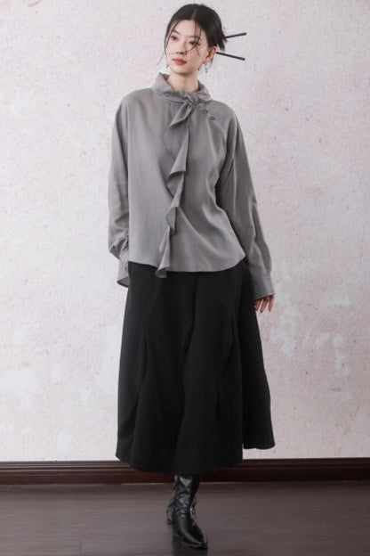 Silk Linen Ruffle Shirt