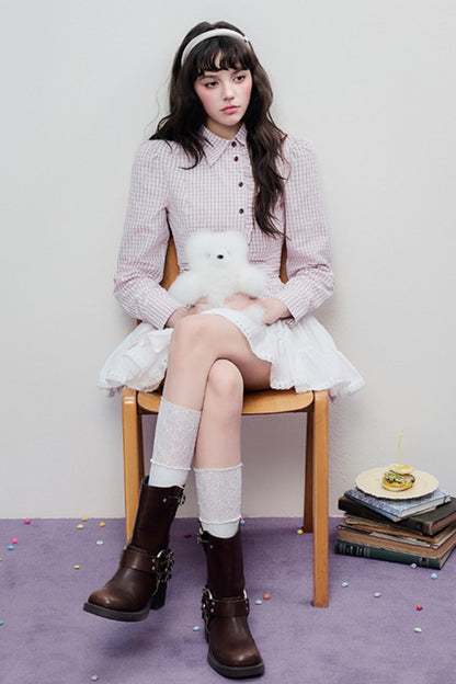 Spring Slim Plaid Ruffle Tie Shirt