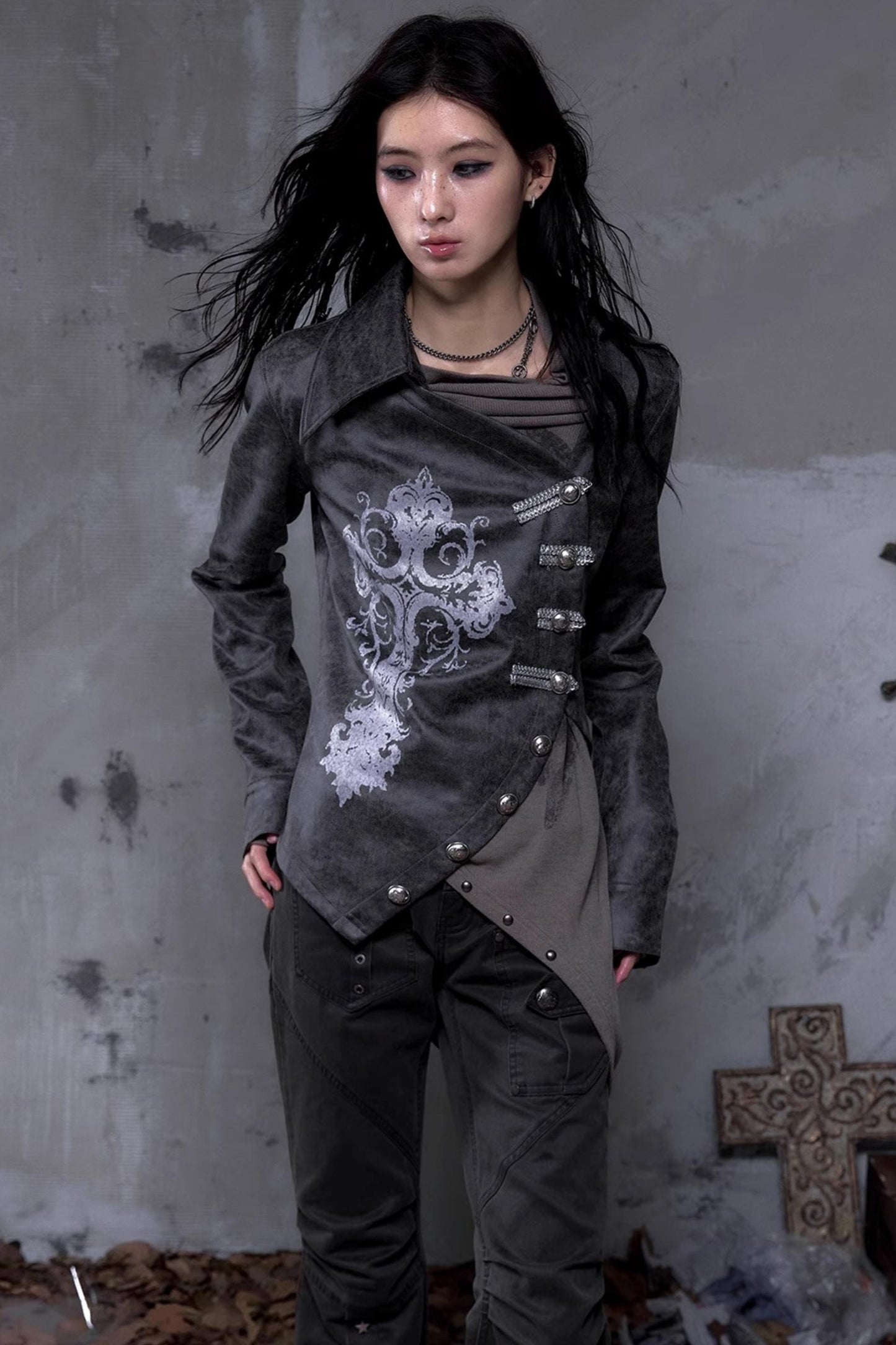 Vintage Slanted Placket Printed Leather Shirt