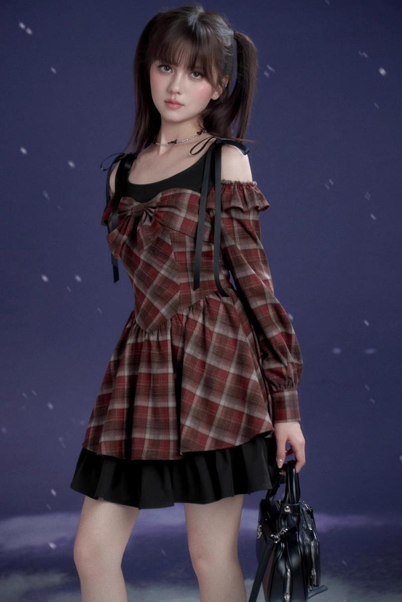 Plaid Fake Two-Piece Christmas Dress