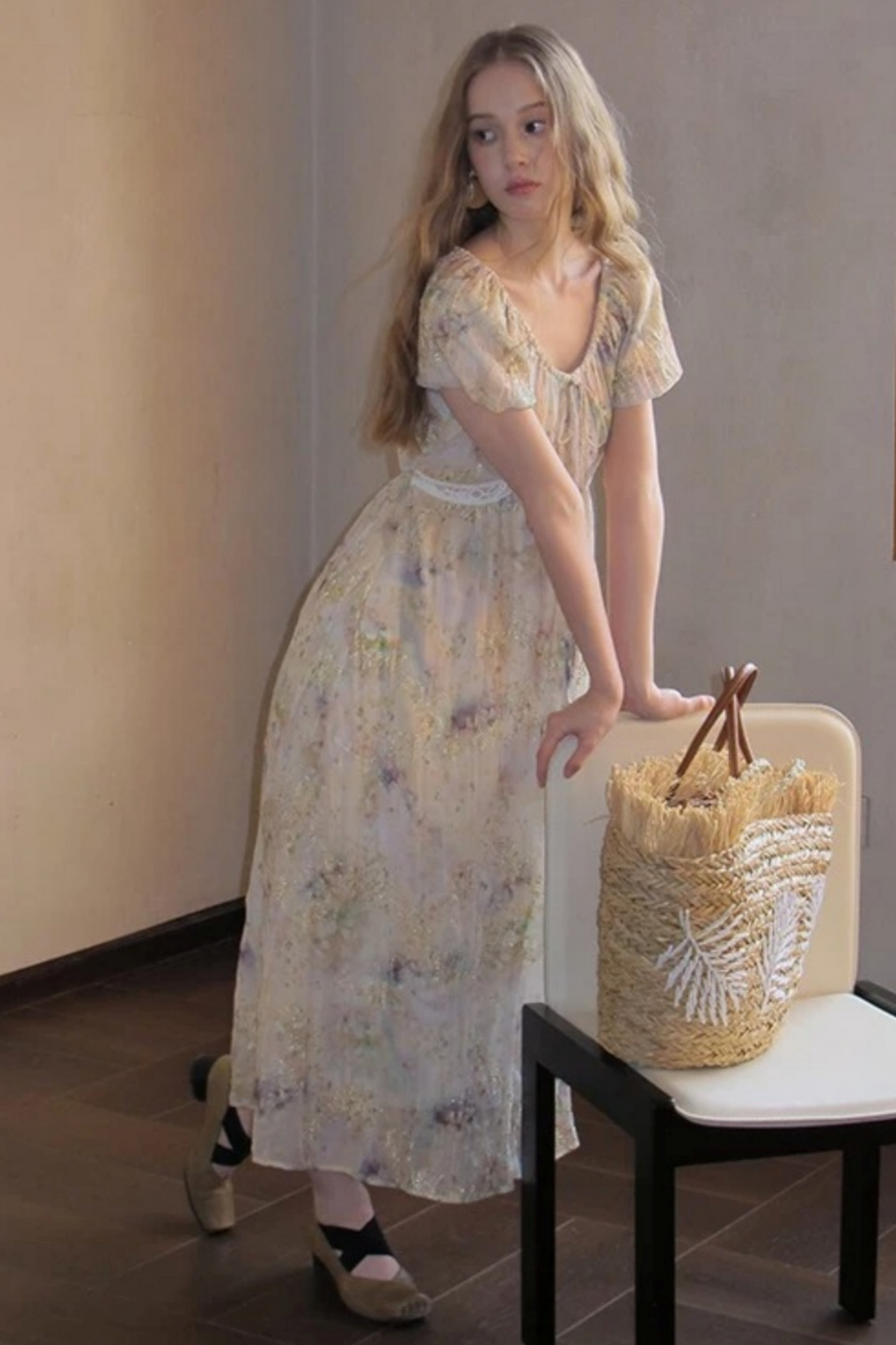 Embroidery Pleated Puff Sleeve Dress