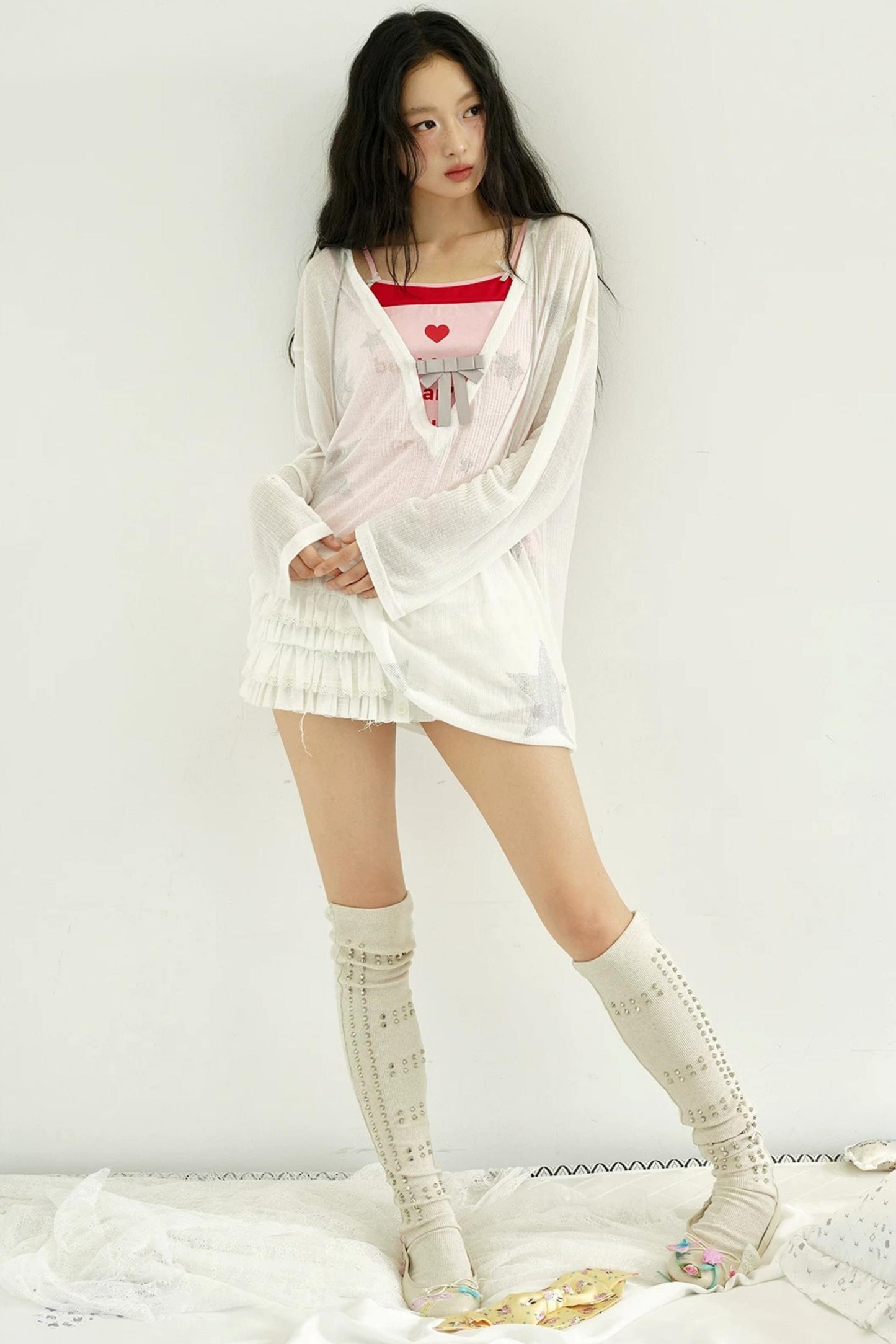 Rhinestone Bowknot Mesh Top