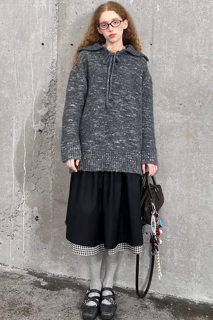 Lace-Up Collar Sweater Set-Up