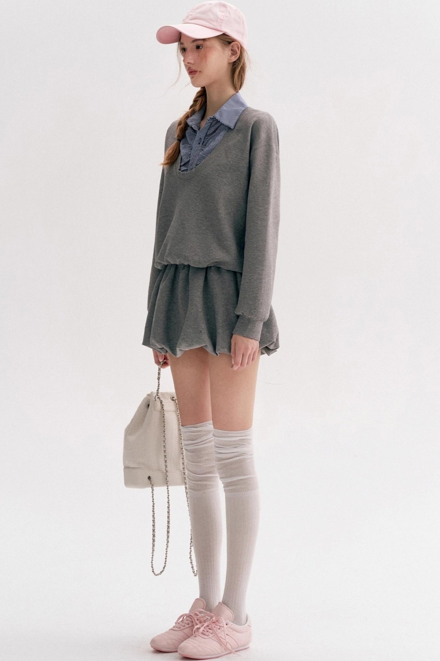 Lazy Casual Check Puffy Skirt Set-Up