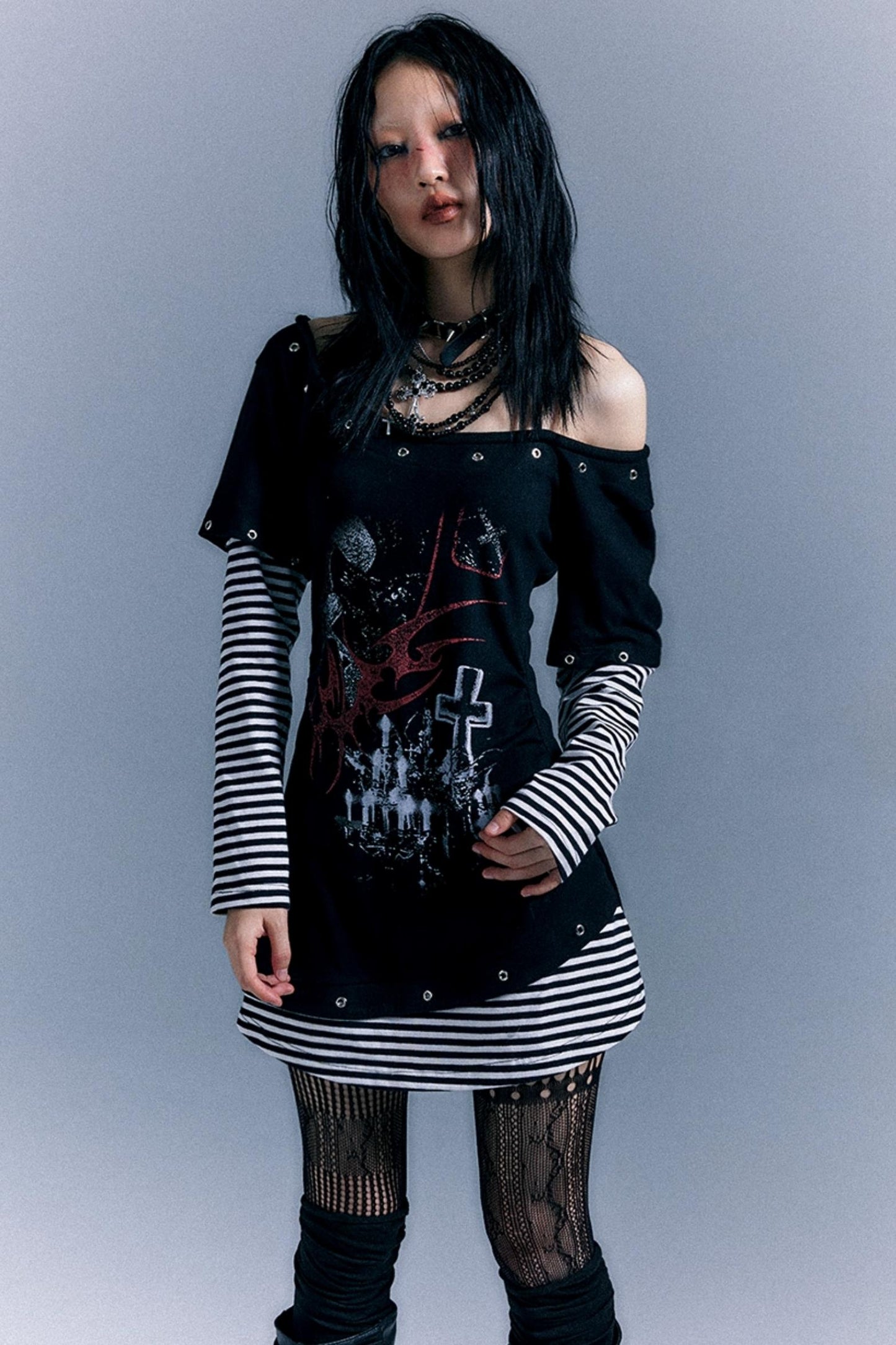 Punk Striped Cinched Waist T-Shirt Dress