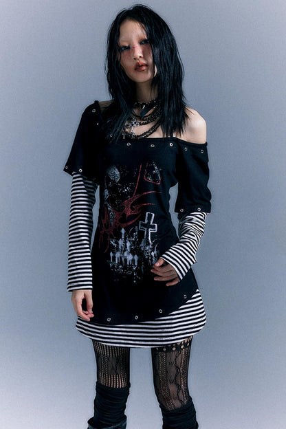 Punk Striped Cinched Waist T-Shirt Dress