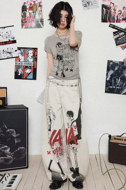 Printed Denim Scimitar Pants
