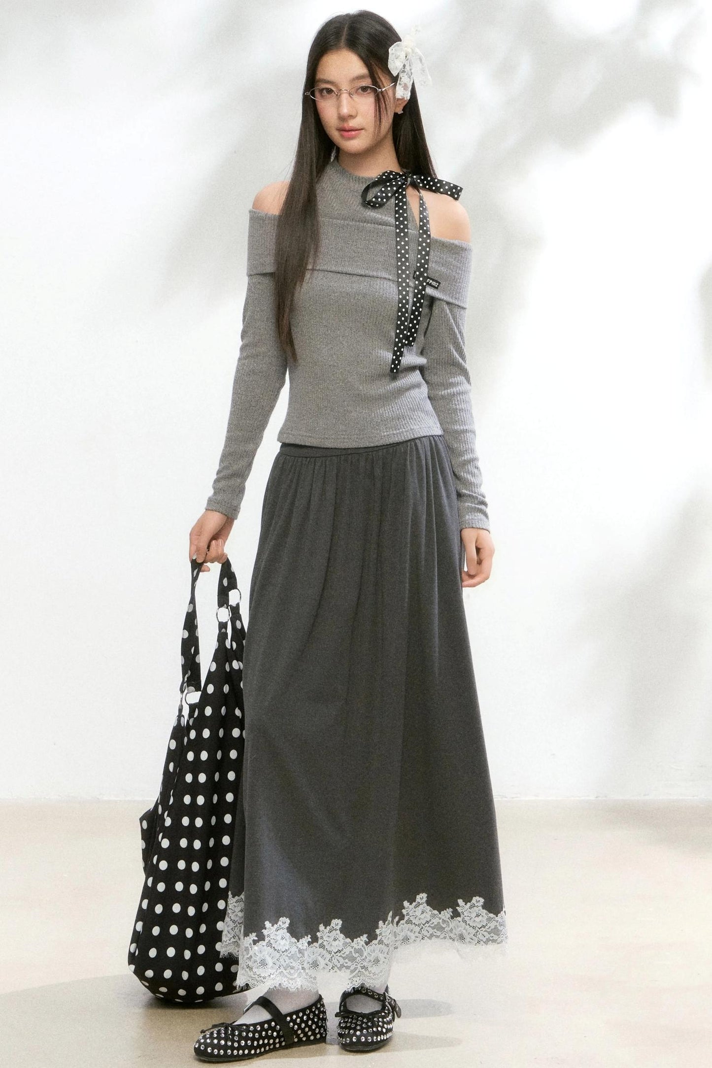 Polka Dot Knitwear Sweater Skirt Set-Up